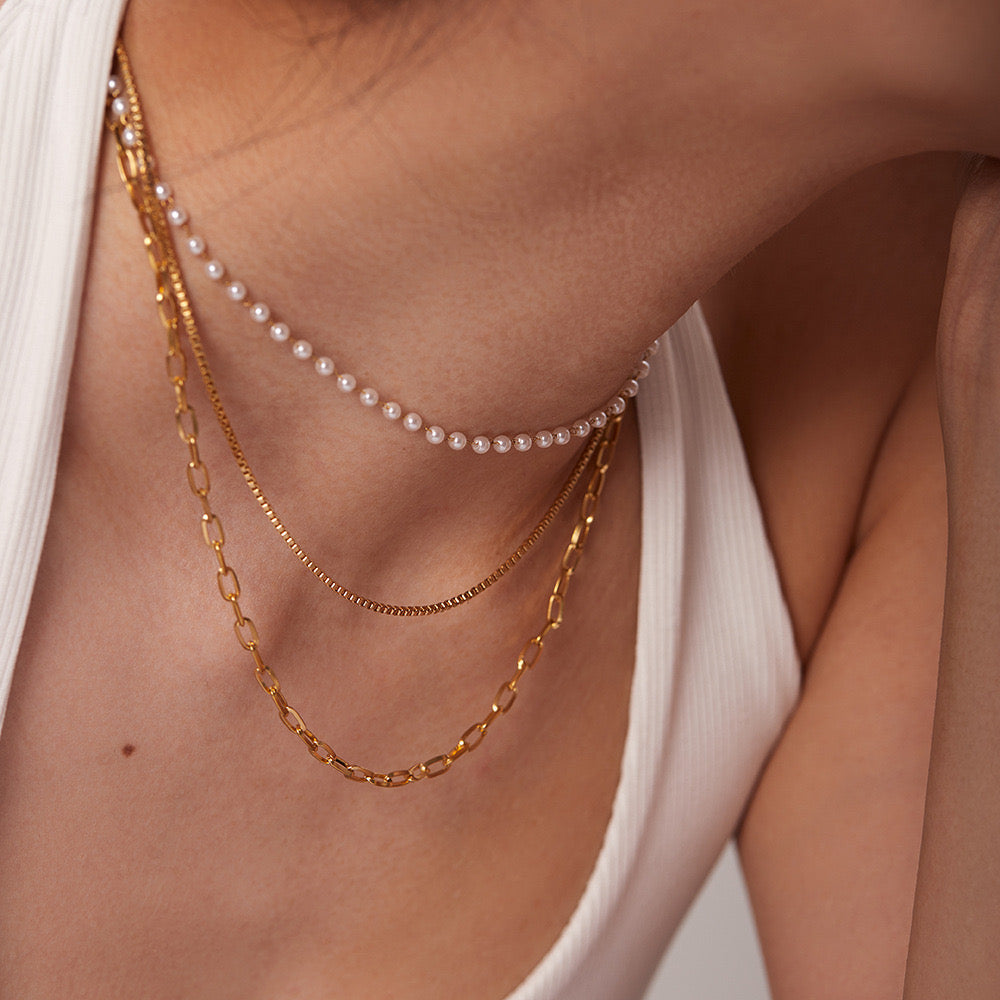 18K Gold 3 Layer Multi Chain Necklace with Pearl