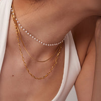 18K Gold 3 Layer Multi Chain Necklace with Pearl