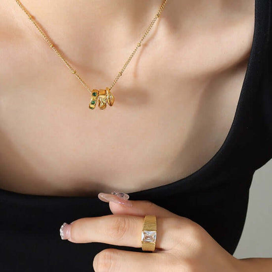 18K Gold Multi Rings Charm Pendant Necklace