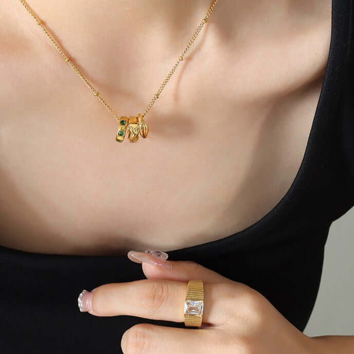 18K Gold Multi Rings Charm Pendant Necklace