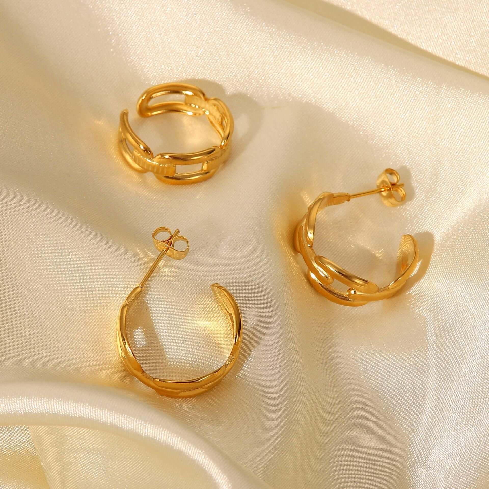 18K Gold Plated Classic Hollow Chain C Hoop Earrings and Ring