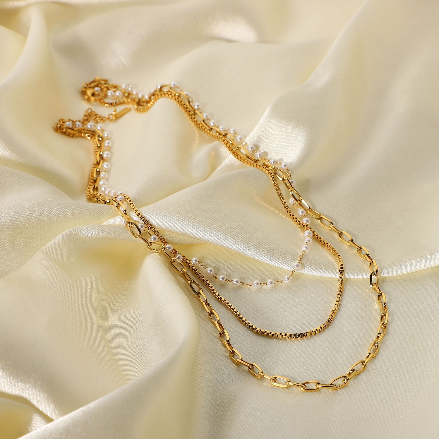 18K Gold 3 Layer Multi Chain Necklace with Pearl