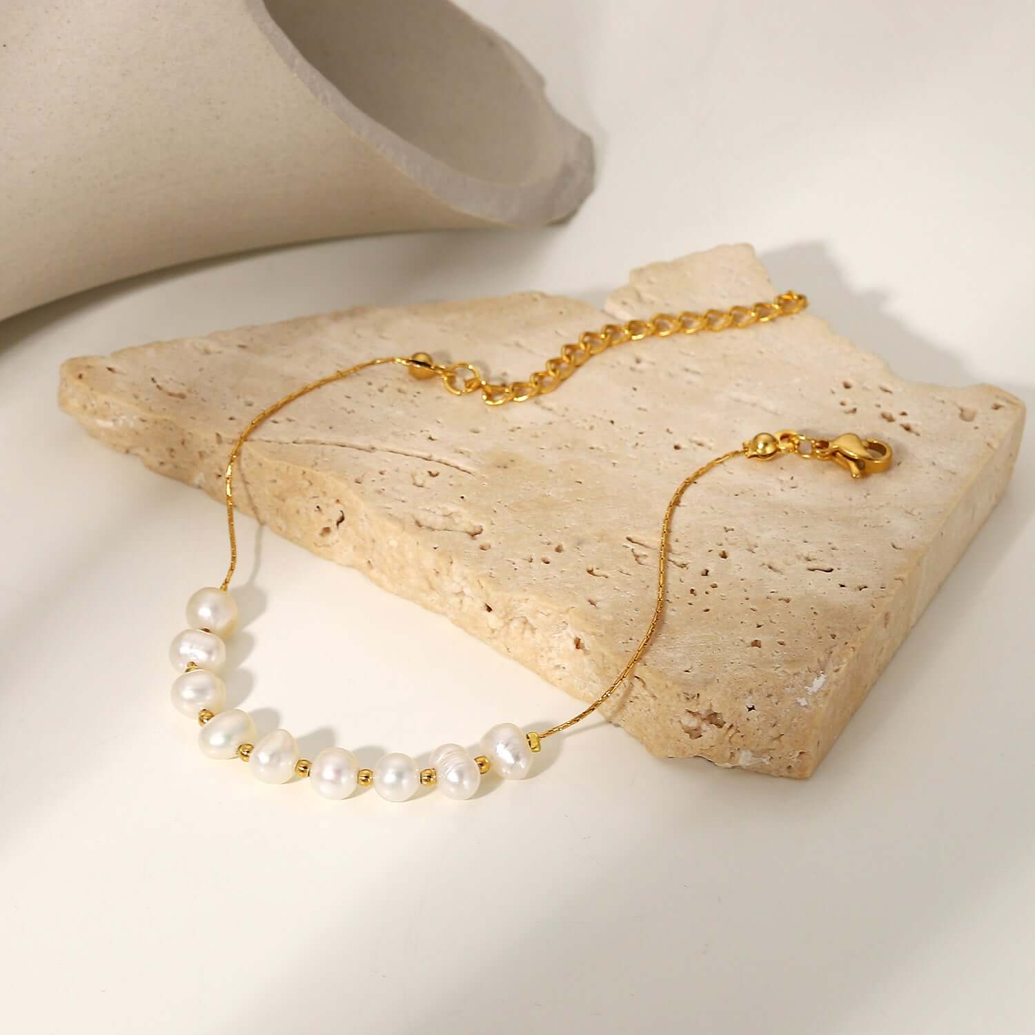 18K Dainty Gold Freshwater Pearl Bracelet, Pearl Chain Bracelet