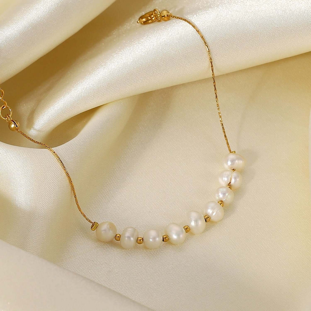 18K Dainty Gold Freshwater Pearl Bracelet, Pearl Chain Bracelet