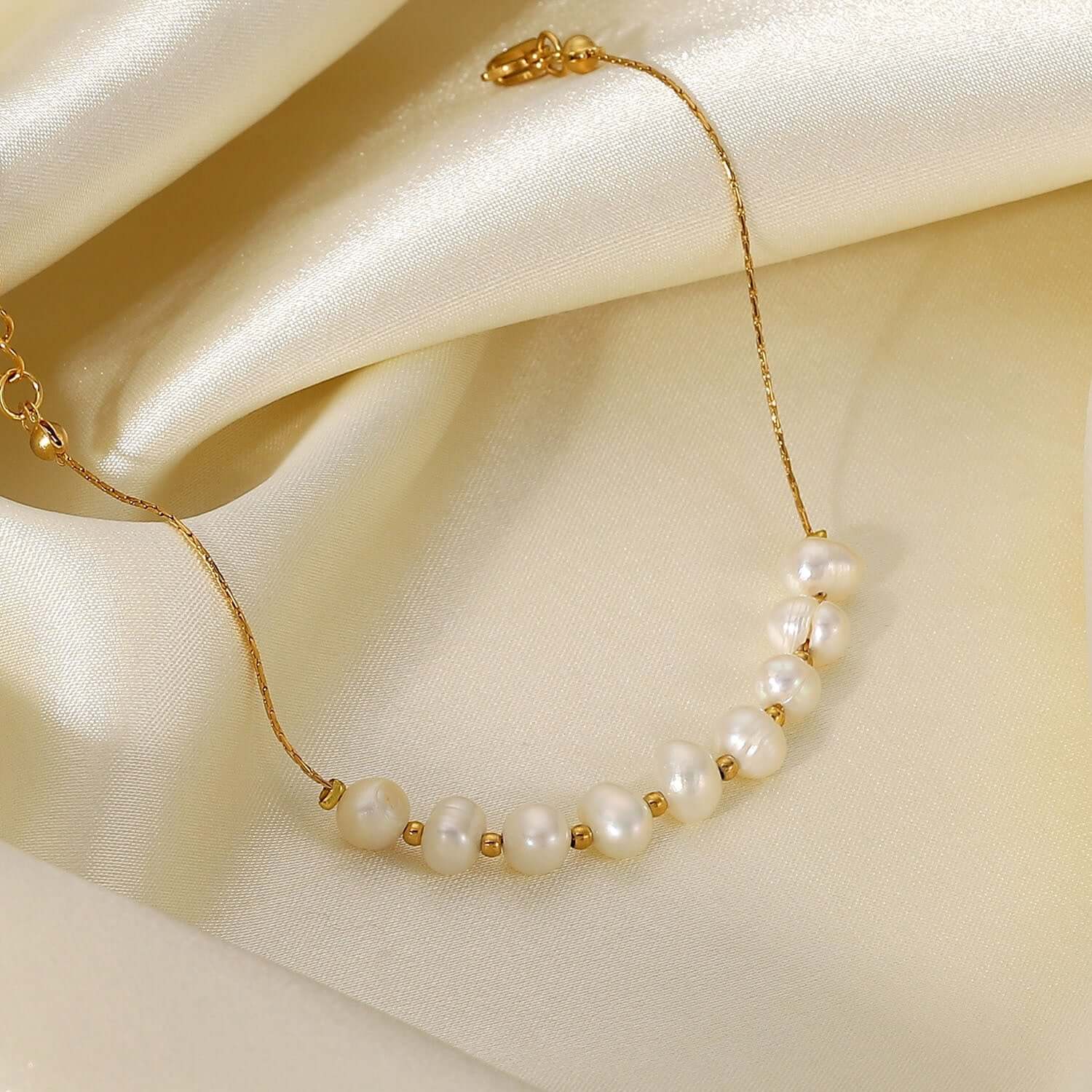 18K Dainty Gold Freshwater Pearl Bracelet, Pearl Chain Bracelet