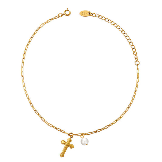 18K Gold Pearl Cross Anklet Chain