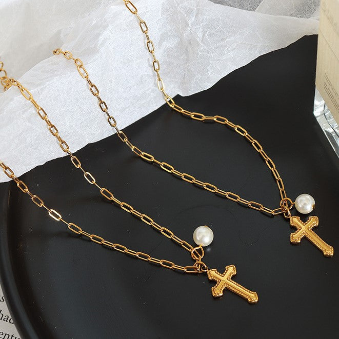 18K Gold Pearl Cross Anklet Chain