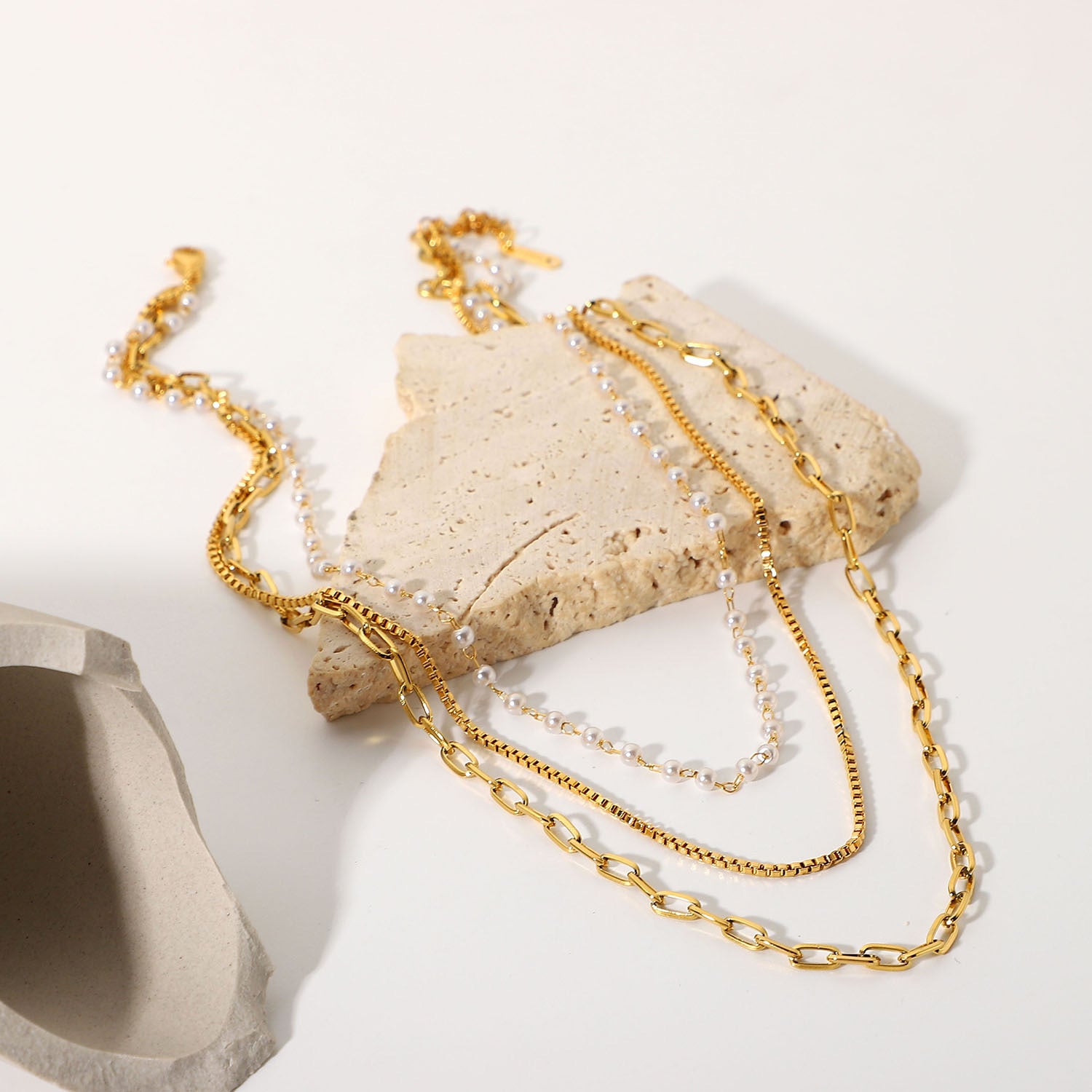 18K Gold 3 Layering Paperclip Chain Necklace with Pearl