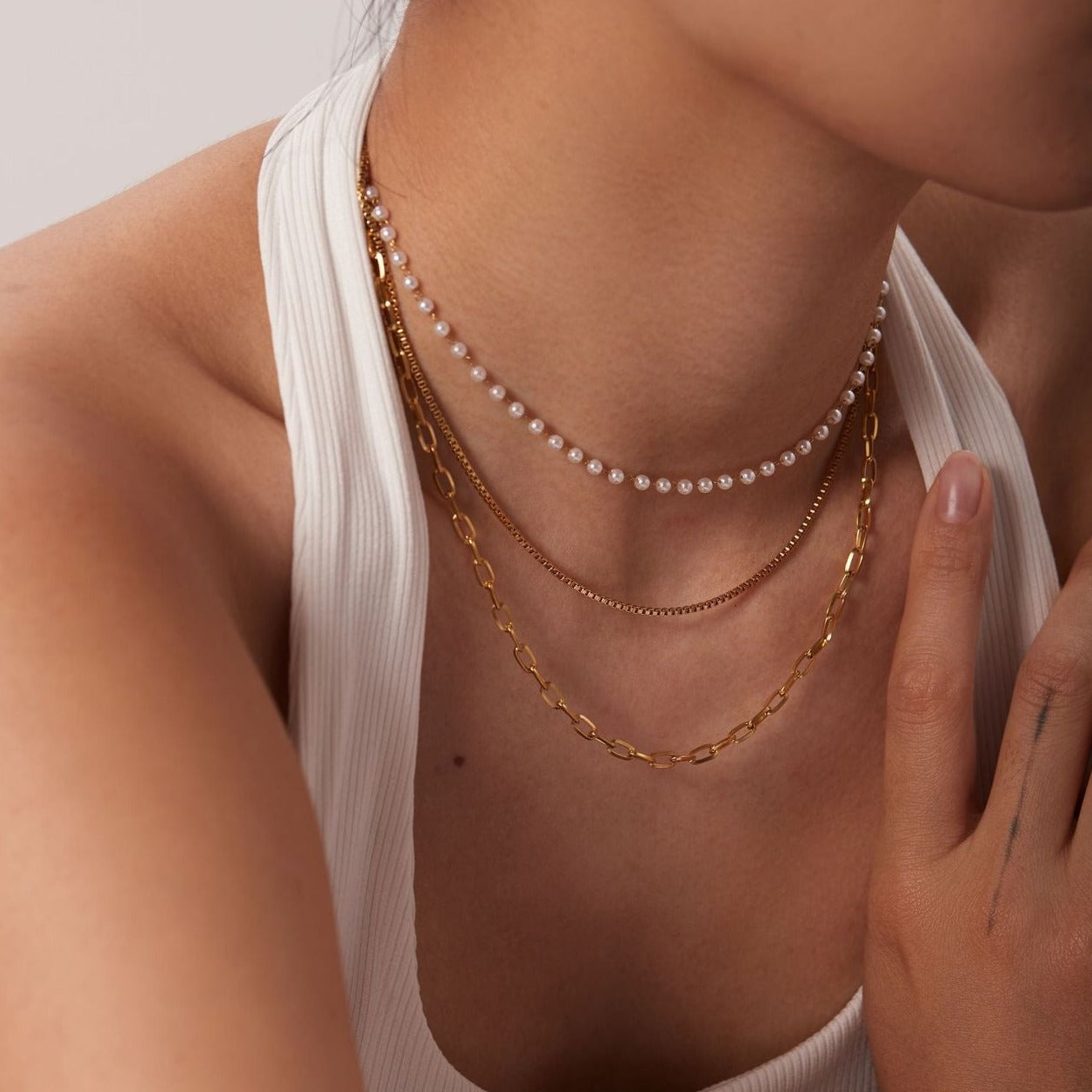 18K Gold 3 Layer Multi Paperclip Chain Necklace with Pearl