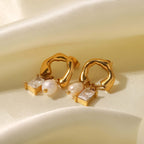 18K Gold Huggies Hoop Earrings, Pearl Hoop Earrings, CZ Hoop Earrings