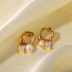 18K Gold Huggies Hoop Earrings, Pearl Hoop Earrings, CZ Hoop Earrings