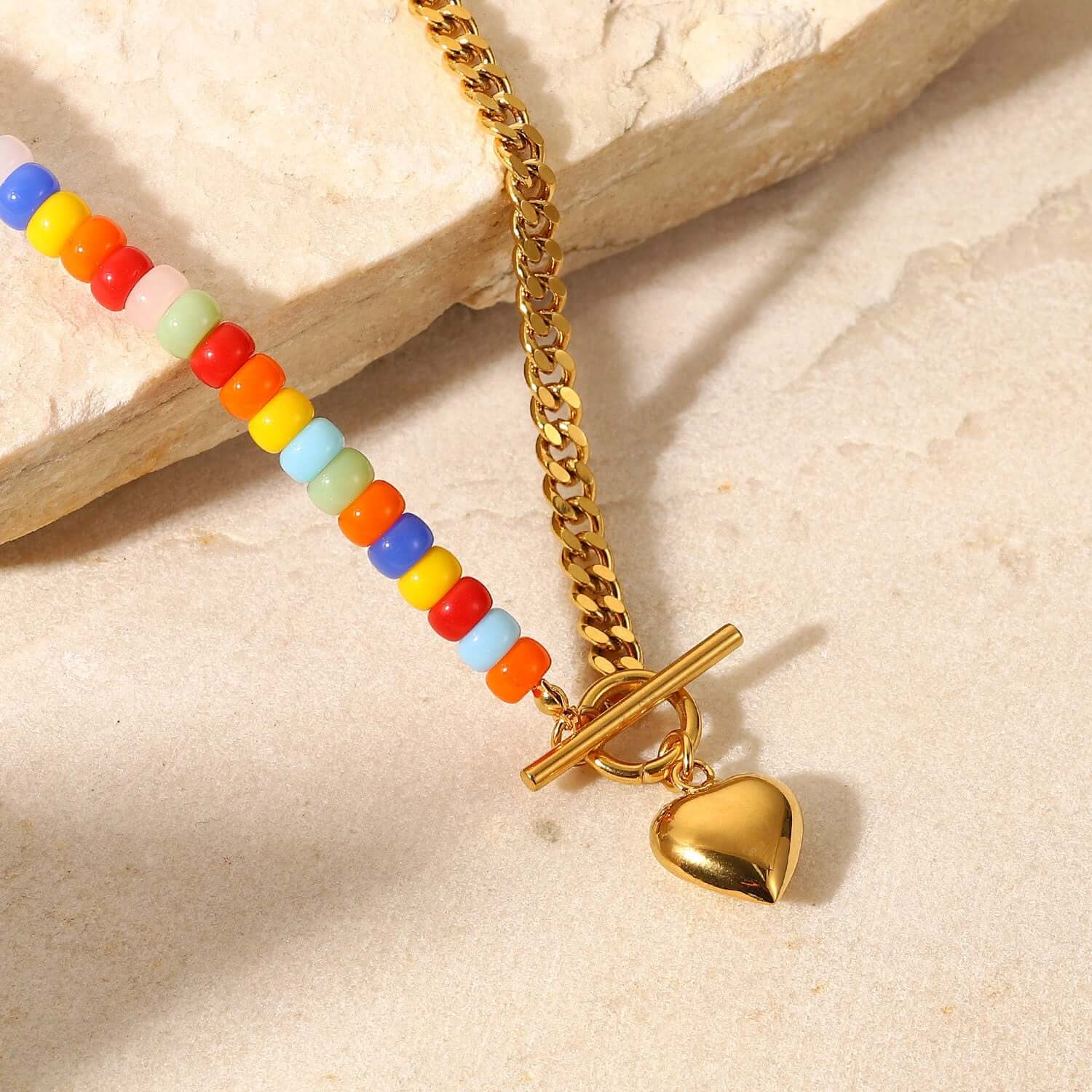 18K Gold Plated Heart Chain Necklace with Coloful Boho Ceramic Beads