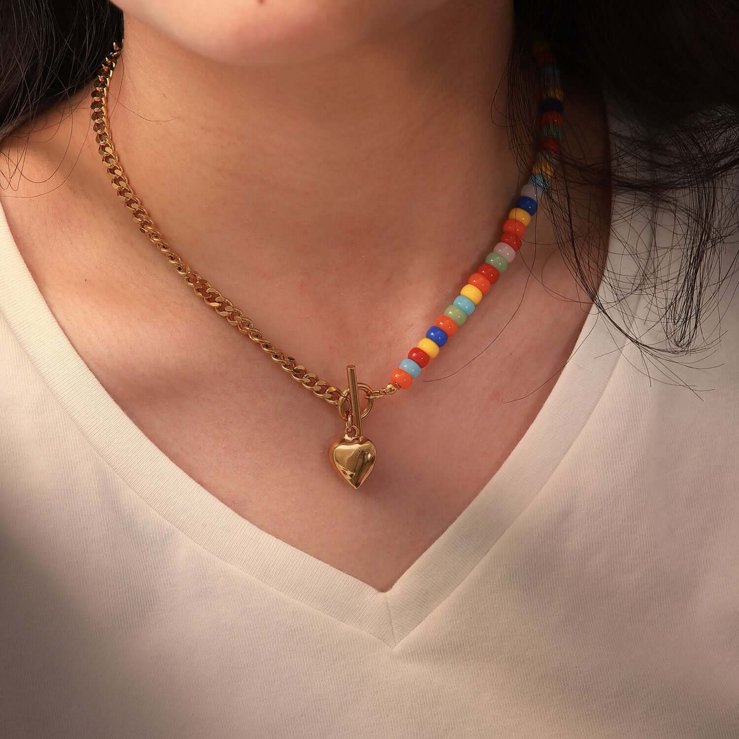 18K Gold Plated Heart Chain Necklace with Coloful Boho Ceramic Beads