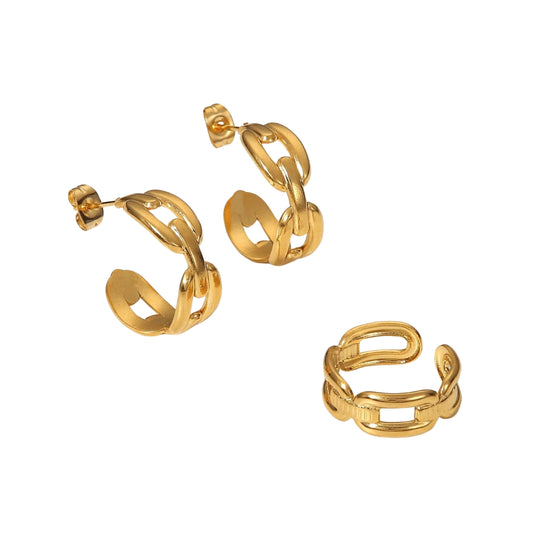 18K Gold Plated Hollow Connected Chain C Hoop Earrings Ring Set