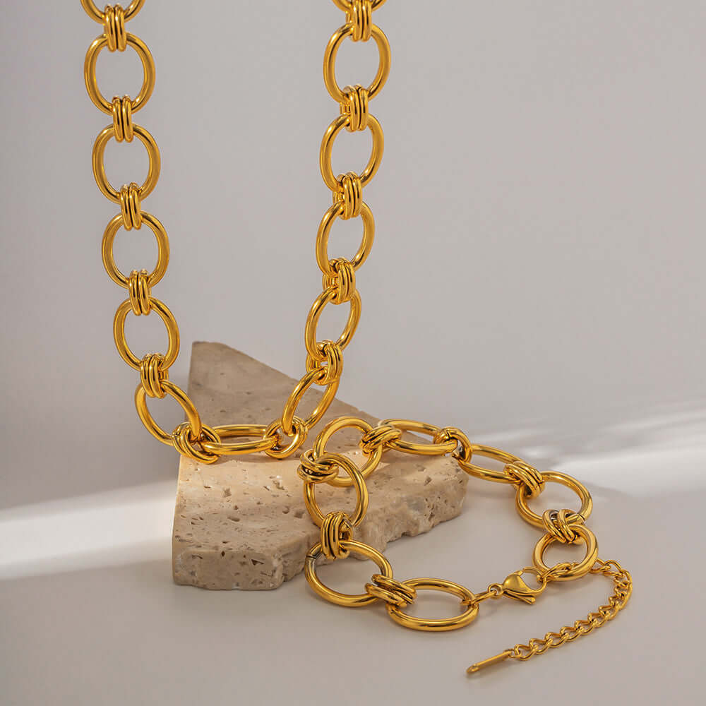 18K Gold Plated Stainless Steel Chunky Chain Bracelet and Necklace