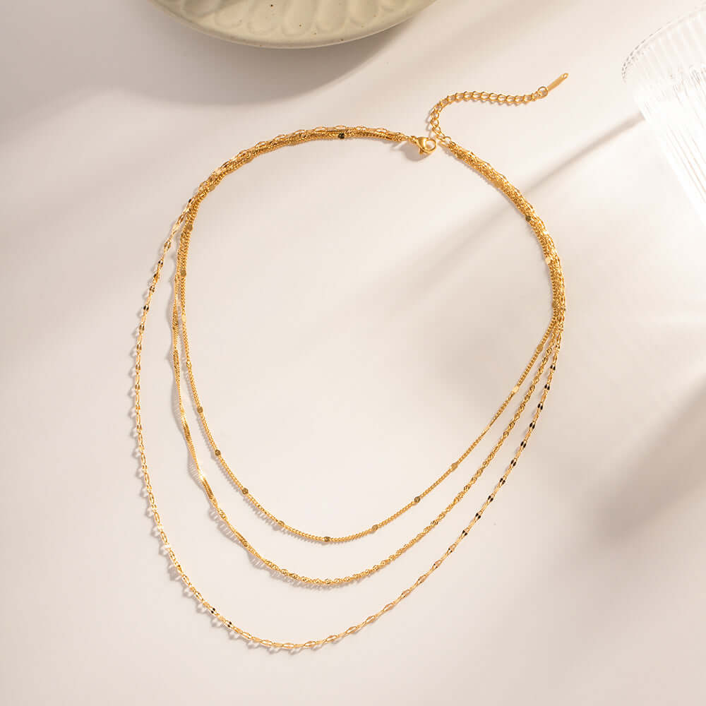 18K Gold Plated Triple Strand Lip & Cable Chain Necklace