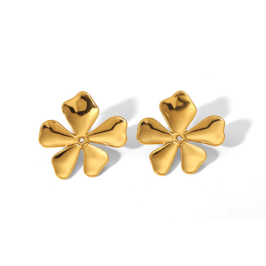 18K Gold Plated Five Leaf Large Flower Stud Earrings 