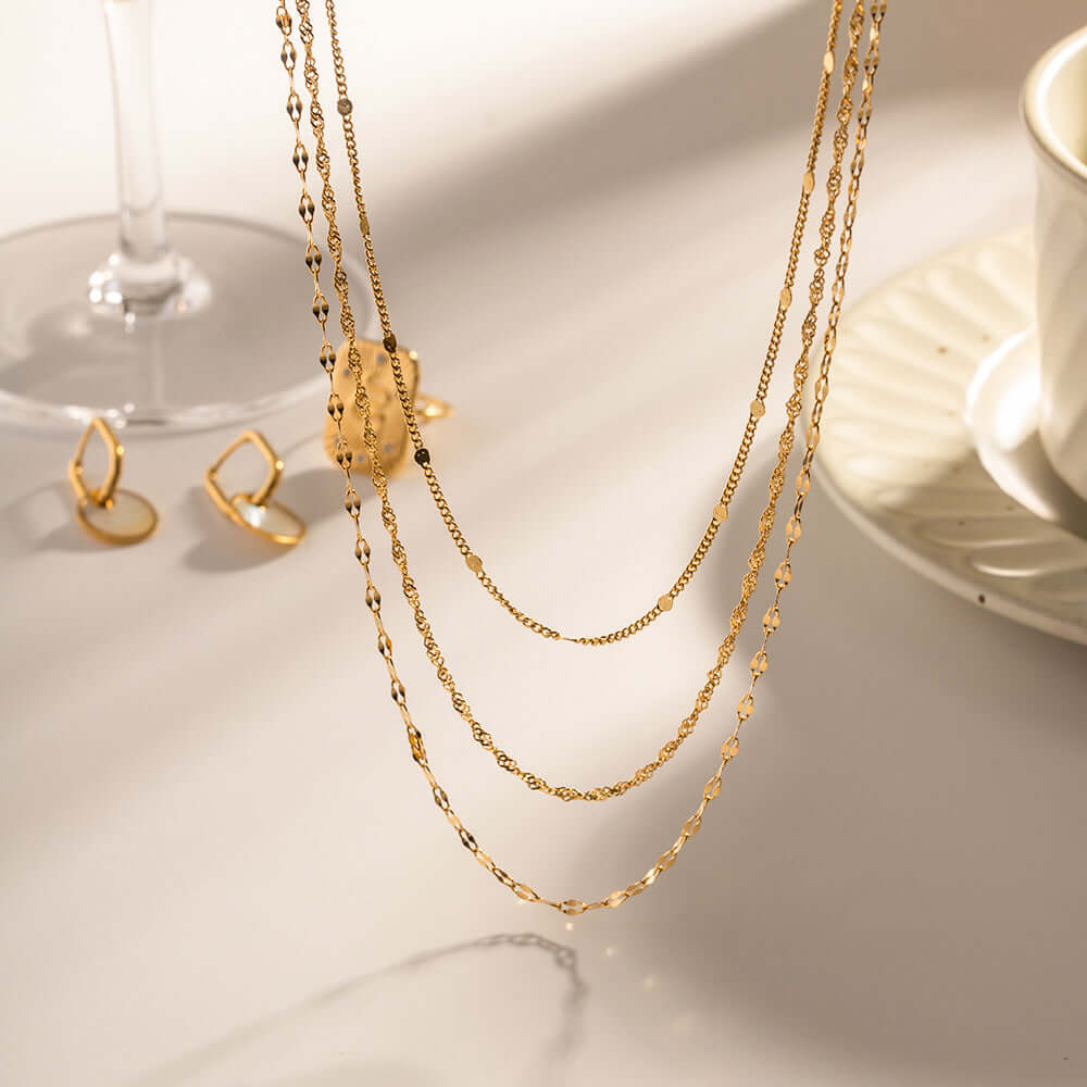 18K Gold Plated Triple Strand Lip & Cable Chain Necklace