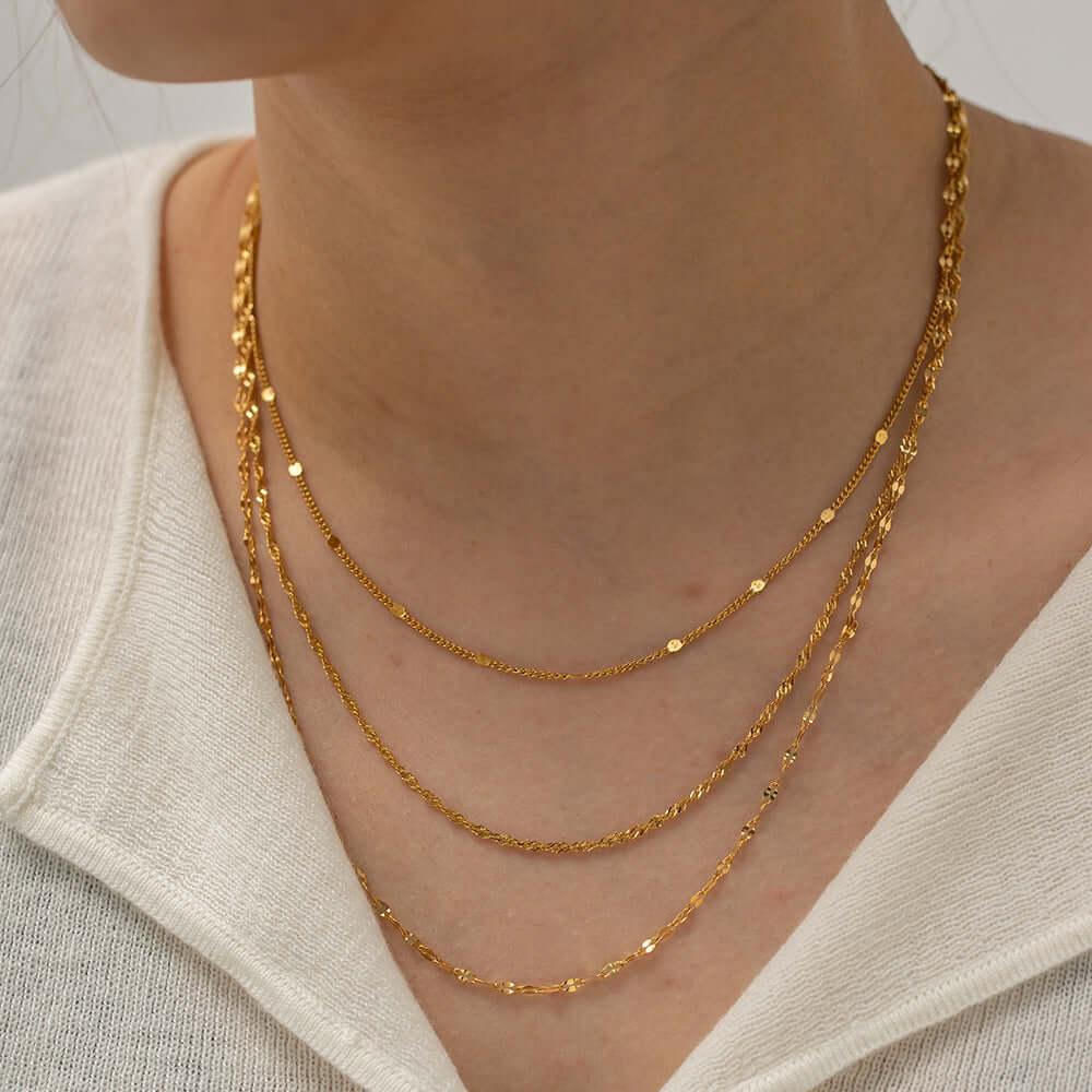 18K Gold Plated Triple Strand Lip & Cable Chain Necklace