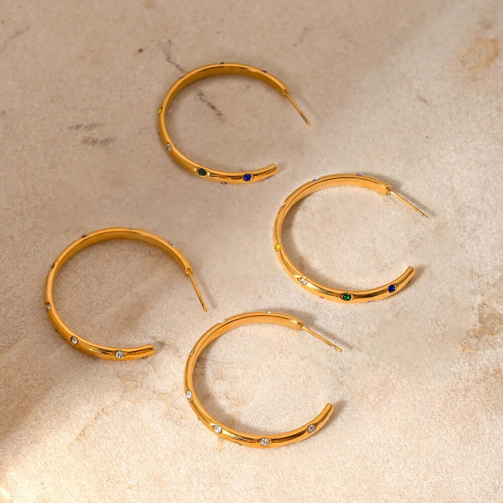 18K Gold Plated Minimal Diamond C Hoop Earrings