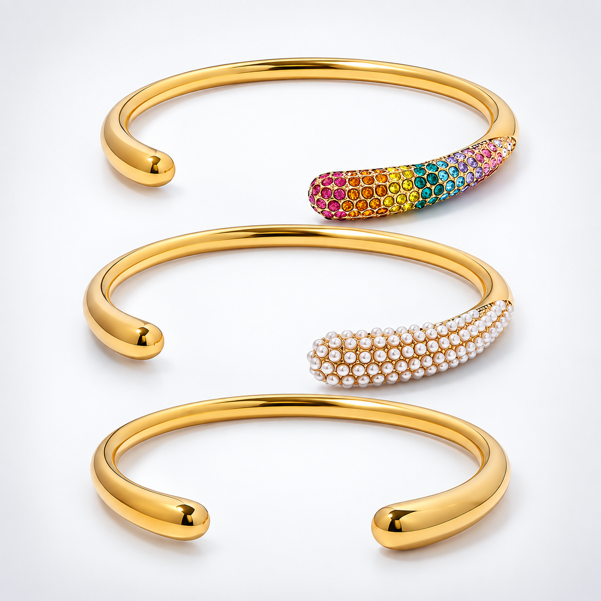 18K Gold Plated Pearl & Rainbow Open Cuff Bangle