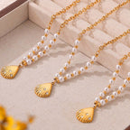 18K Freshwater Pearl Seashell Pendant Earrings Set