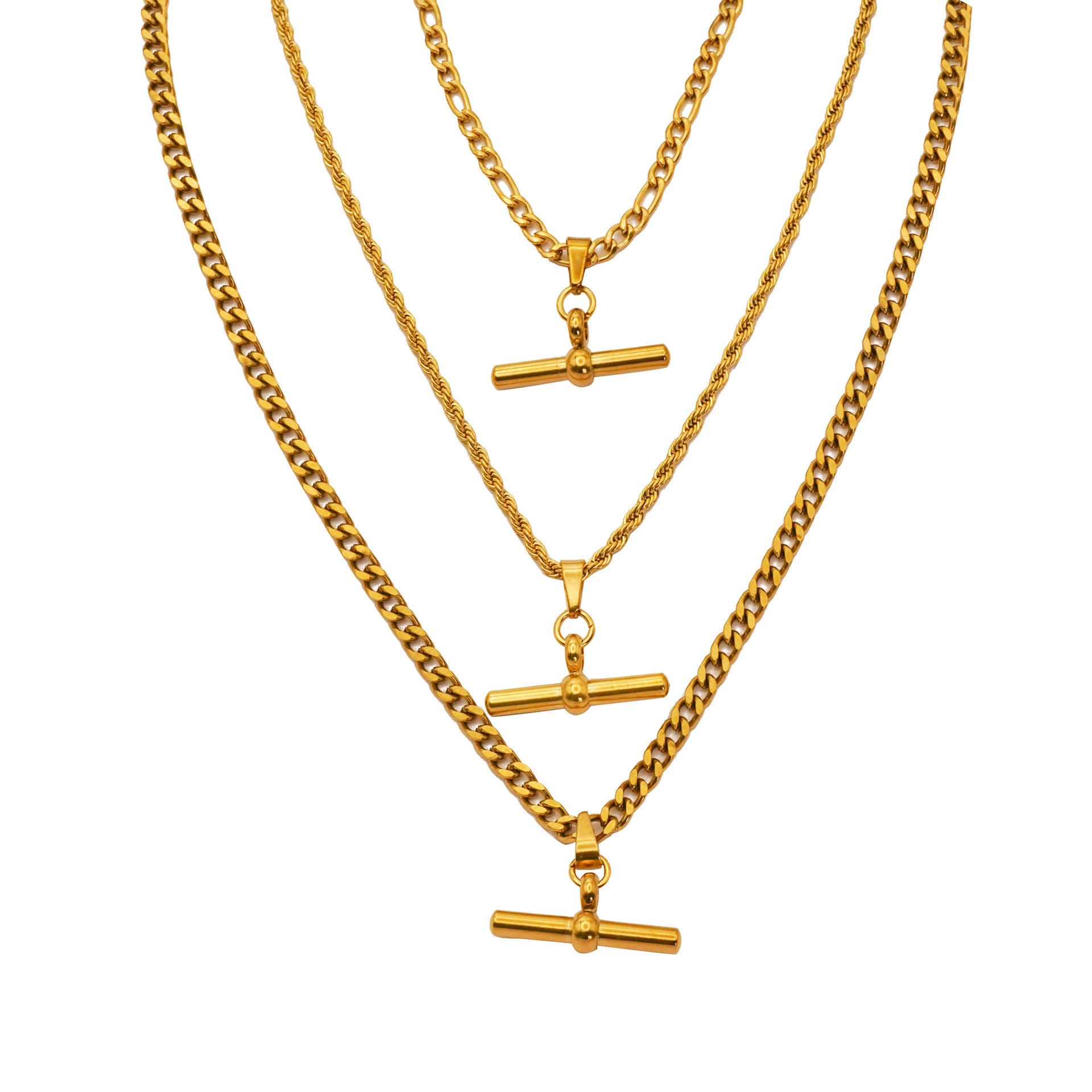 18K Gold Plated T Bar Pendant Figaro Watch Chain Necklace