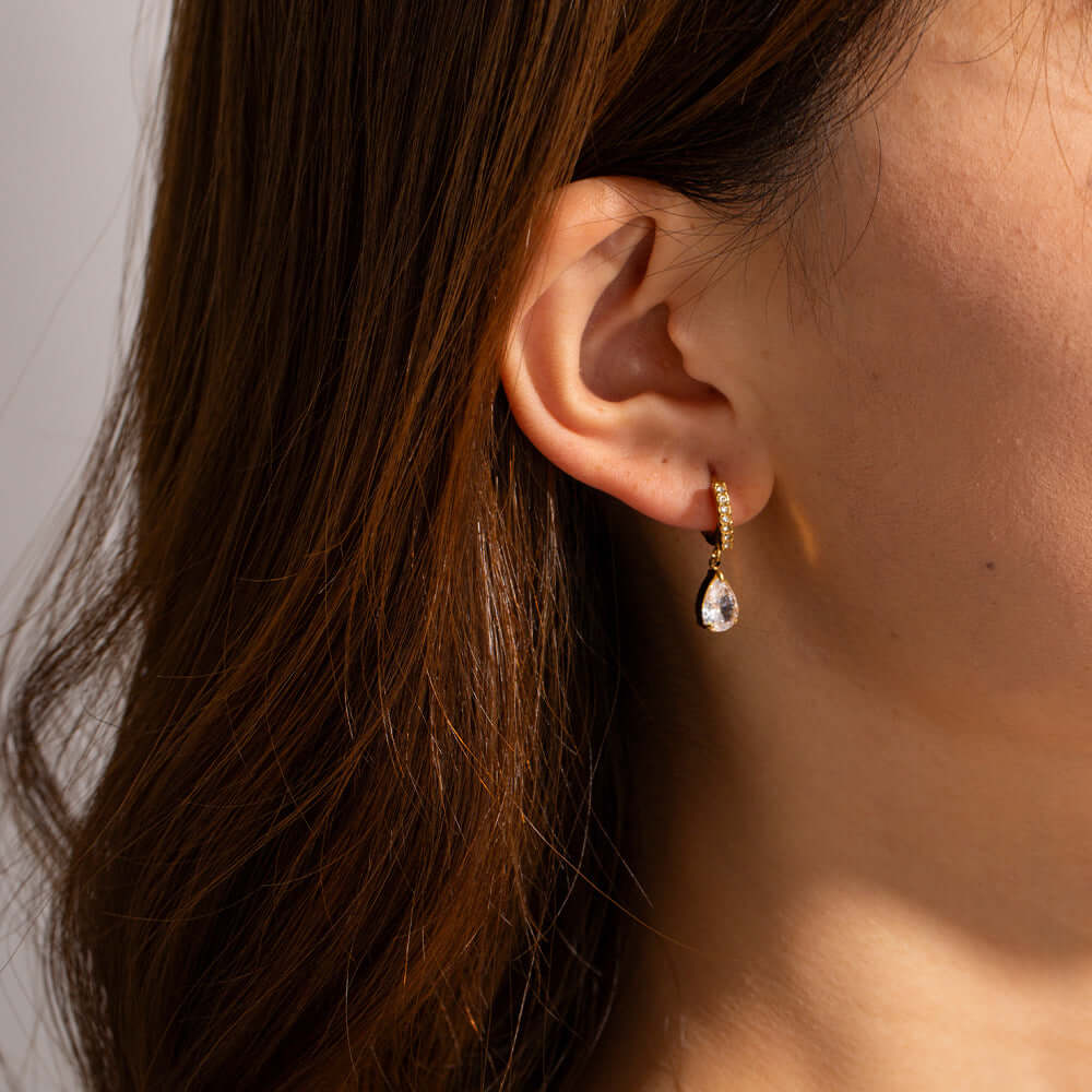 18K Gold Plated Titanium Teardrop CZ Earrings | JDR008