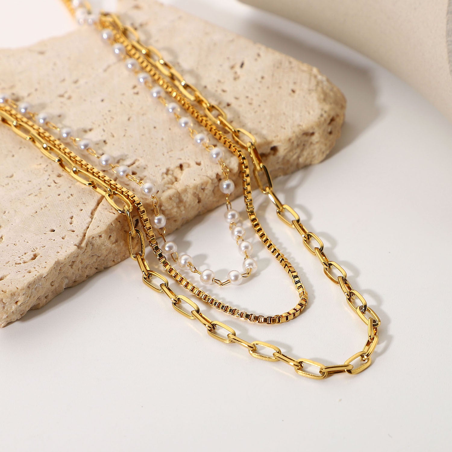 18K Gold 3 Layer Multi Chain Necklace with Pearl