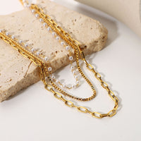 18K Gold 3 Layer Multi Chain Necklace with Pearl