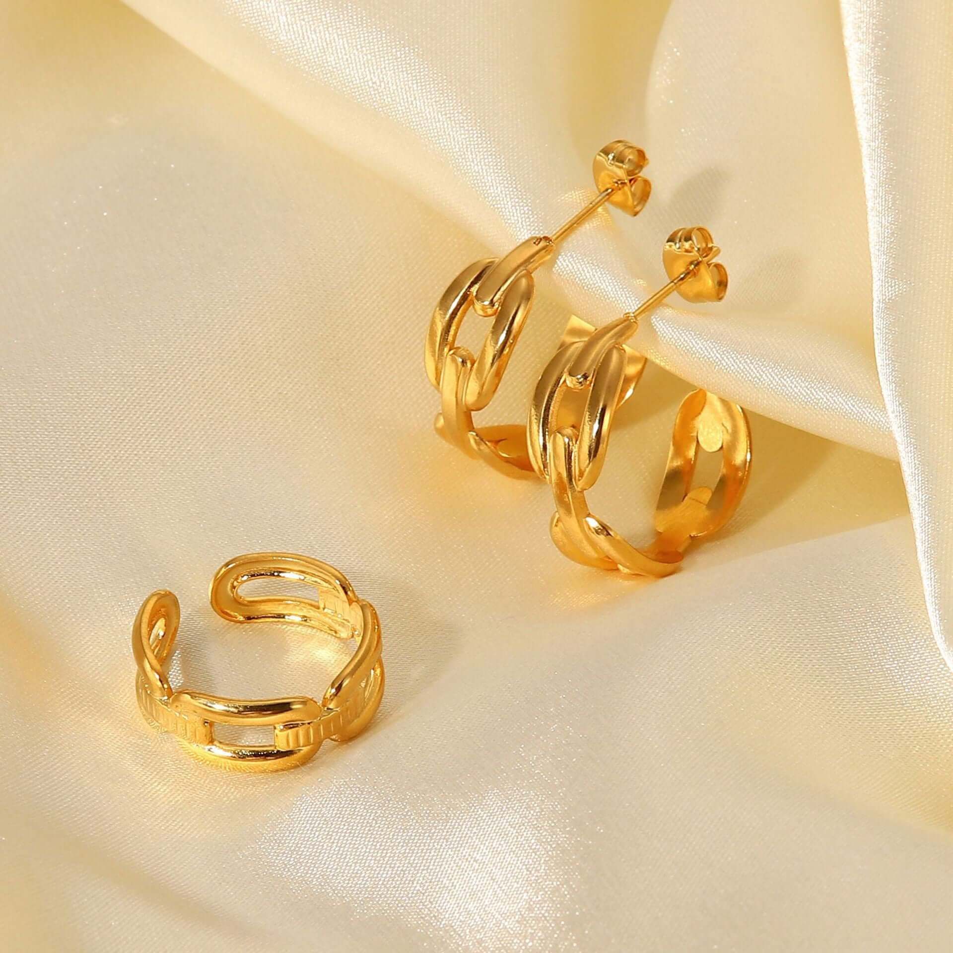 18K Gold Plated Classic Hollow Chain C Hoop Earrings and Ring