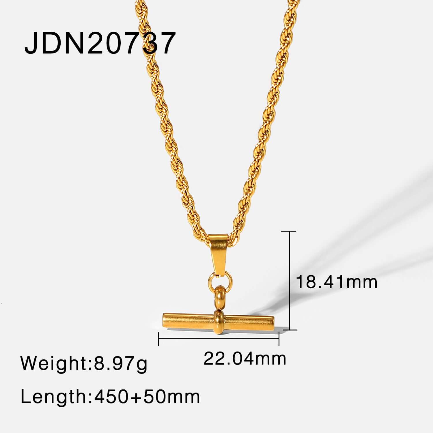 18K Gold Plated Figaro & Rope Chain T Bar Pendant Necklace