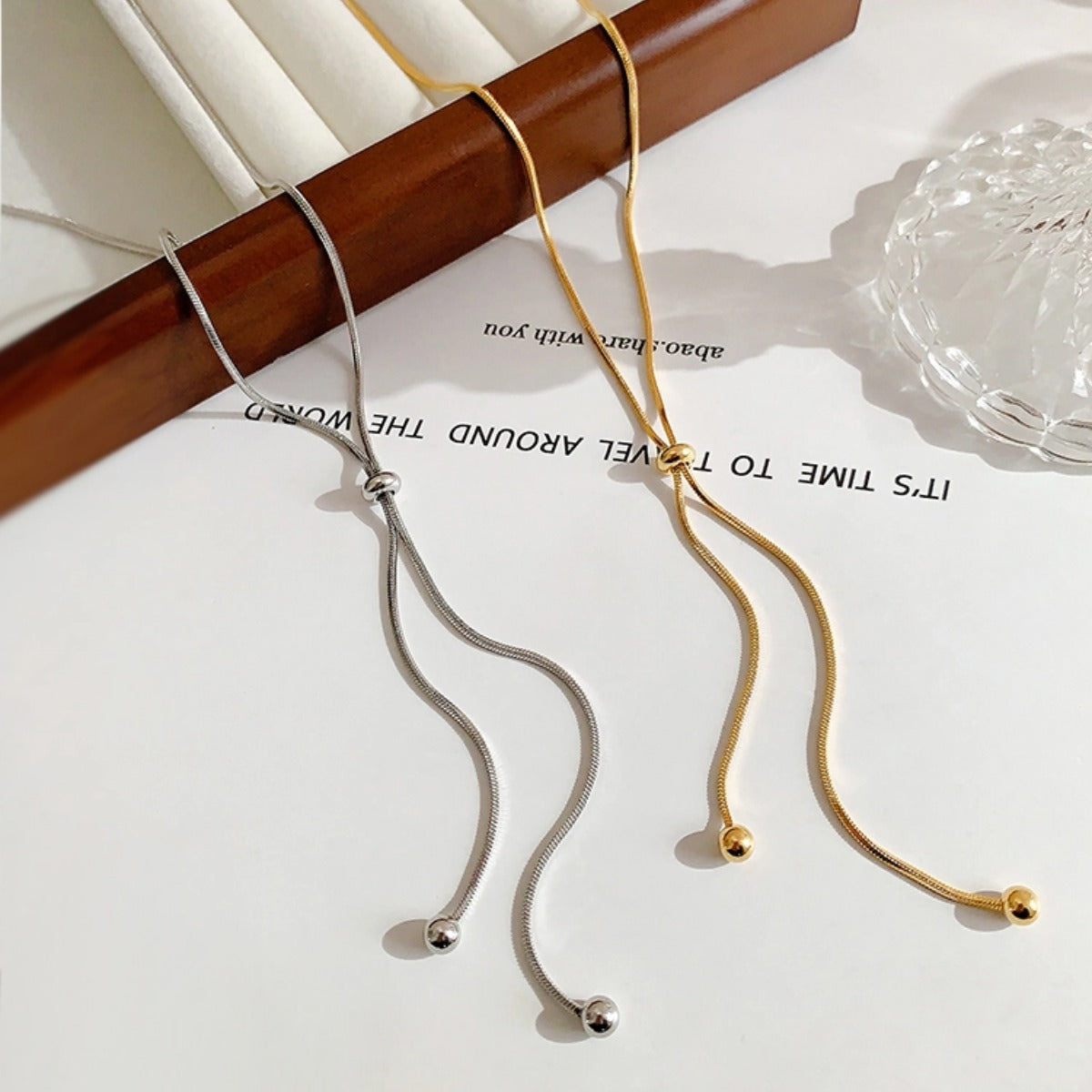 18K Gold Lariat Slider Chain Necklace 