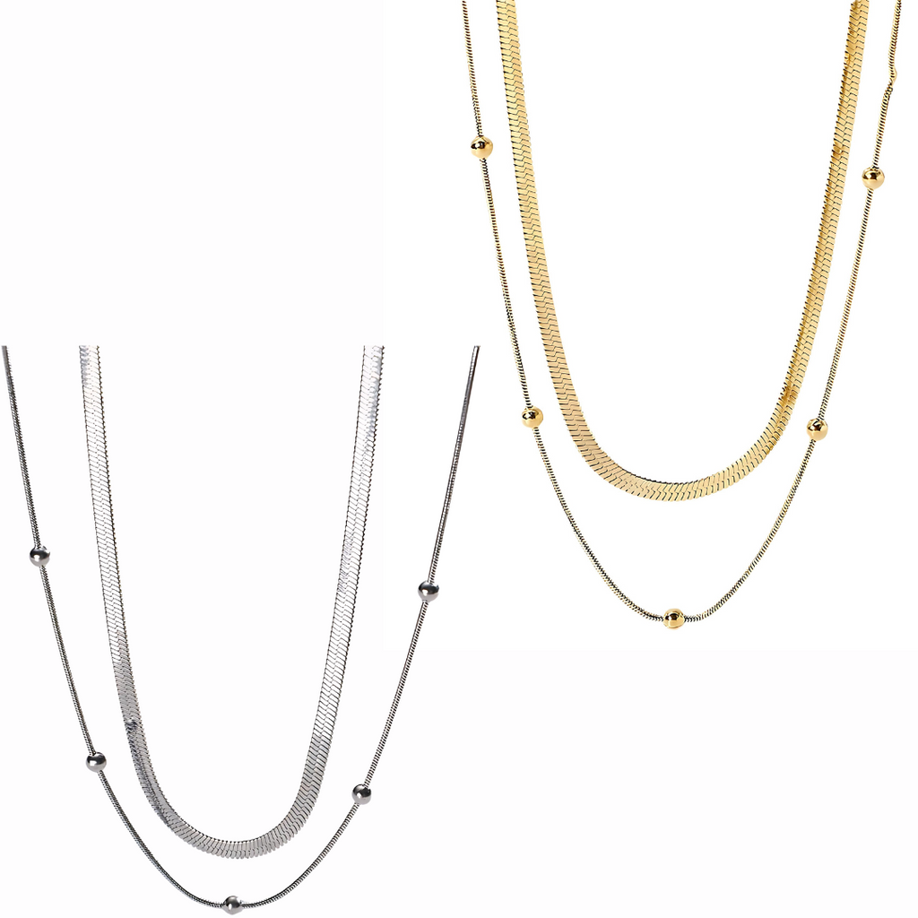 18K Gold Herringbone Chain Choker Necklace Layered