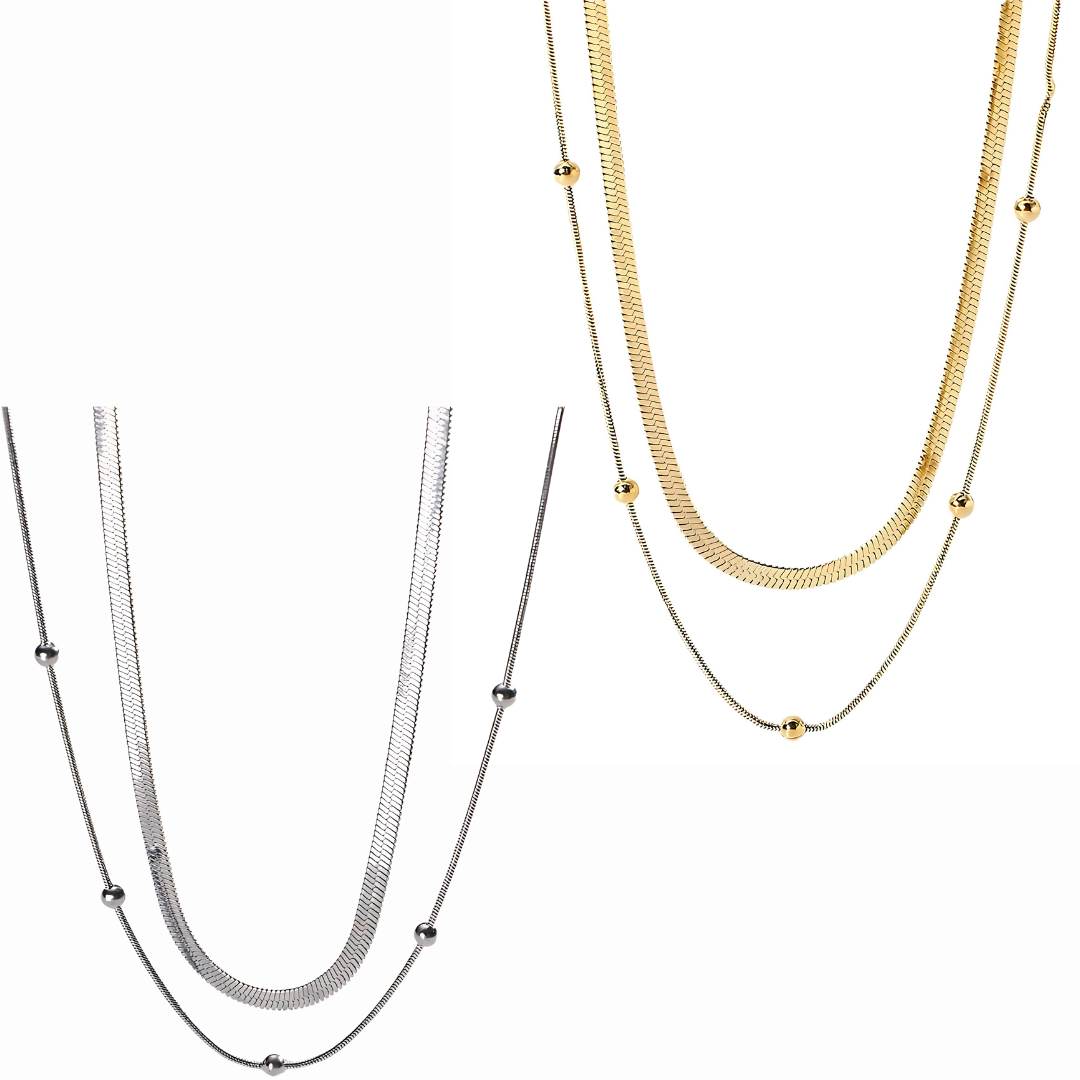 18K Gold Herringbone Chain Choker Necklace Layered