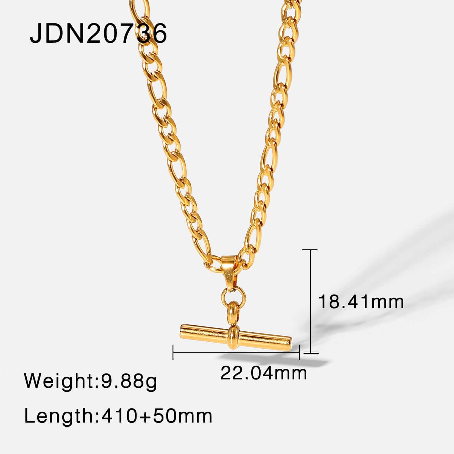 18K Gold Plated Figaro & Rope Chain T Bar Pendant Necklace