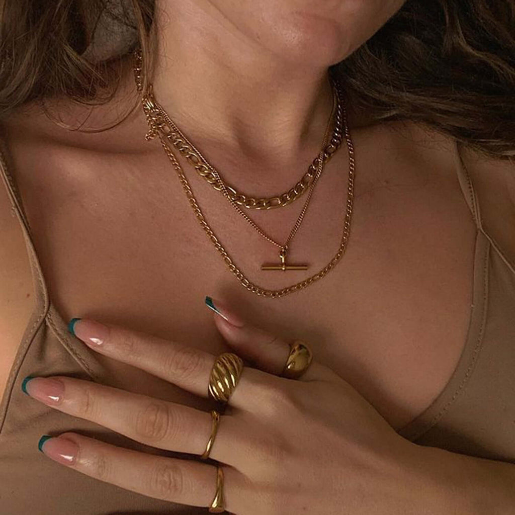 18K Gold Plated Figaro & Rope Chain T Bar Pendant Necklace