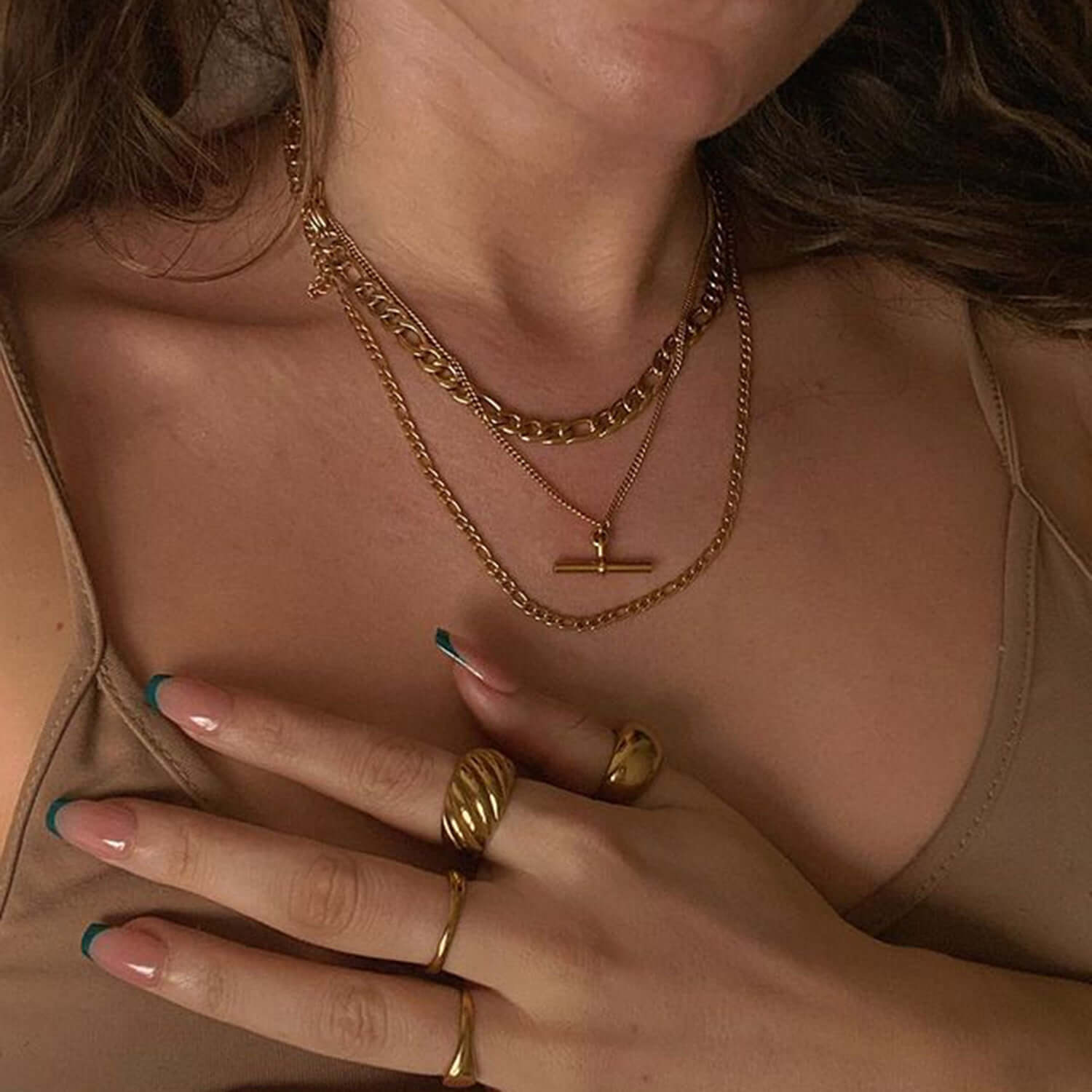 18K Gold Plated Figaro & Rope Chain T Bar Pendant Necklace