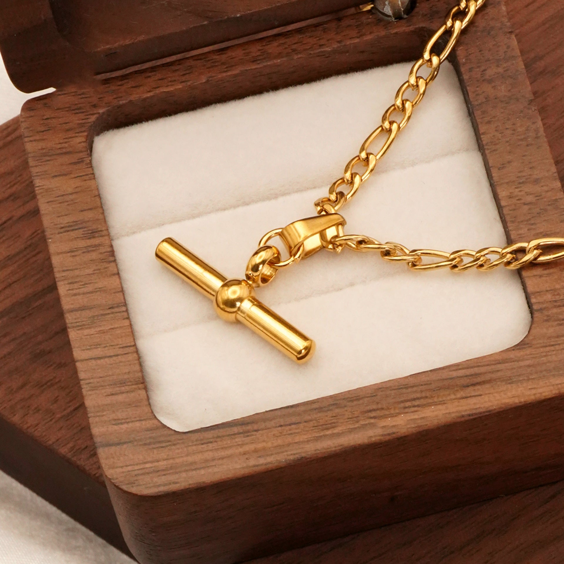 18K Gold Plated T Bar Pendant Figaro Watch Chain Necklace