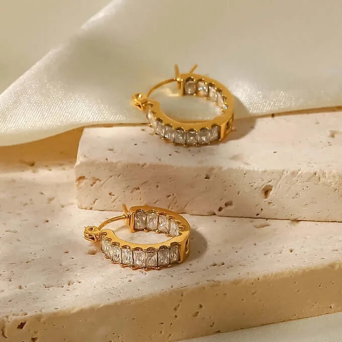 18K Gold Plated CZ Hoop Earrings, Sparkly Earrings