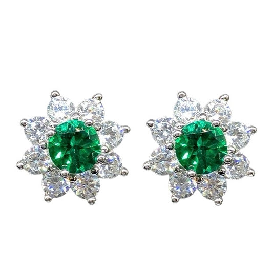 18K Platinum Emerald Flower Stud Earrings