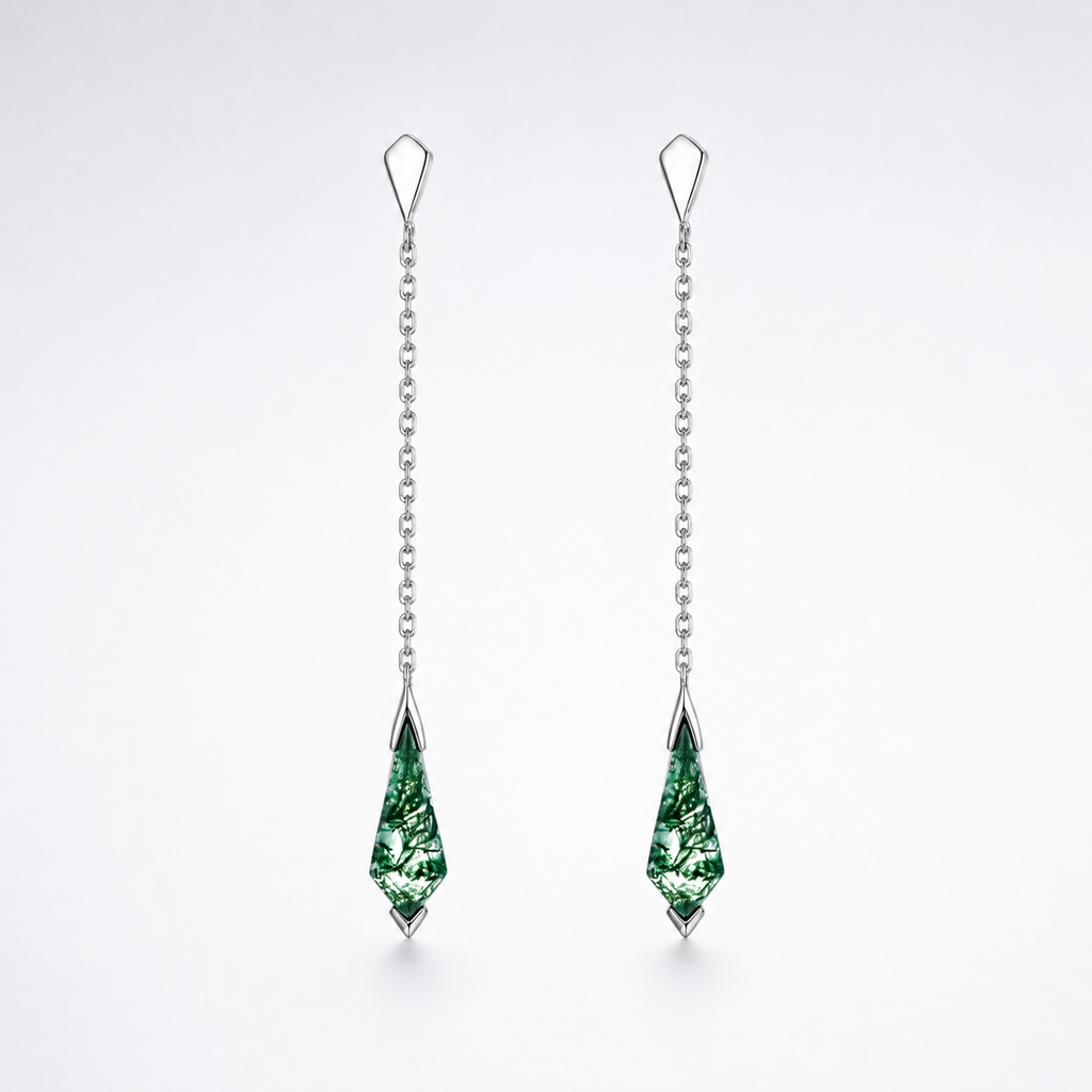 Botanical Moss Agate Tassel Chain Earrings