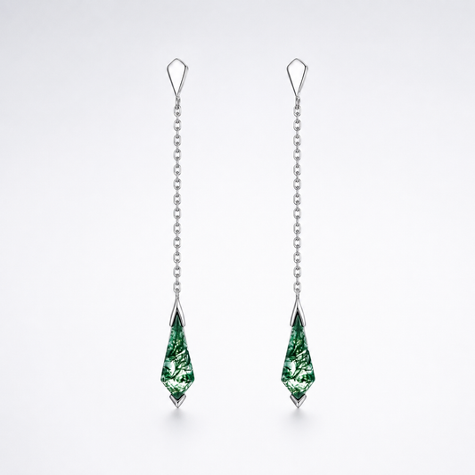 Botanical Moss Agate Tassel Chain Earrings