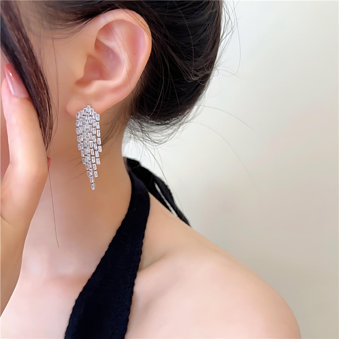 Sparkly Baguette CZ Tassel Waterfall Earrings