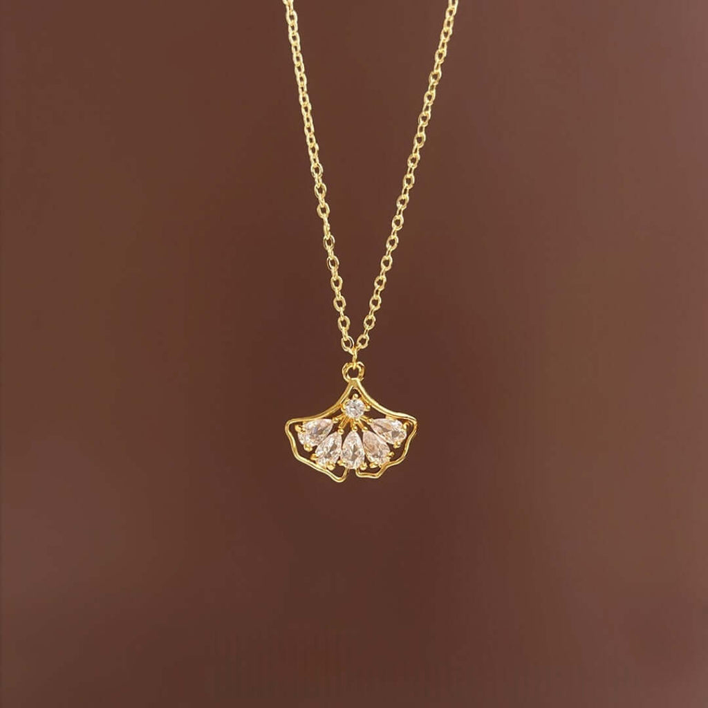 18K Gold Plated Ginkgo Leaf Zircon Chain Necklace
