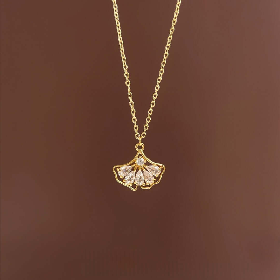 18K Gold Plated Ginkgo Leaf Zircon Chain Necklace