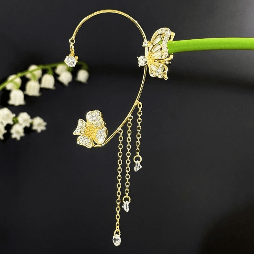 Non-Pierced Butterfly Tassel Elf Ear Clip Rose Wrap Climber Earrings