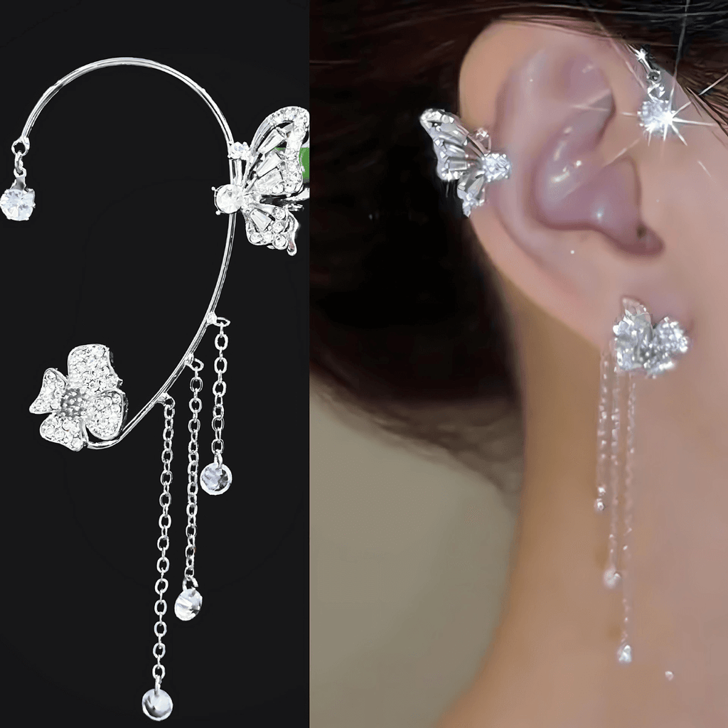 Non-Pierced Butterfly Tassel Elf Ear Clip Rose Wrap Climber Earrings