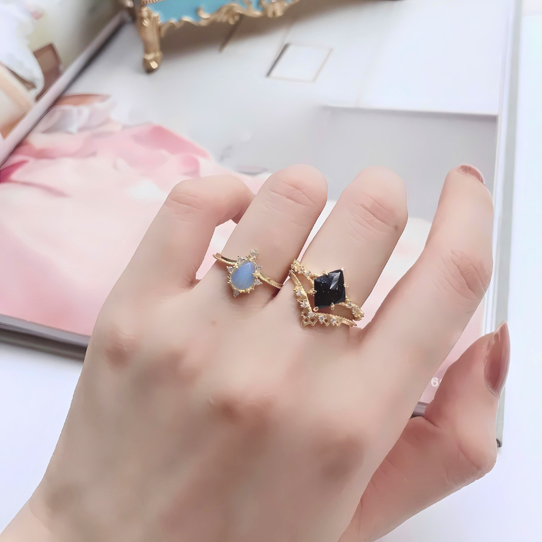 Galaxy Blue Sandstone Star Stone Lace Ring Set