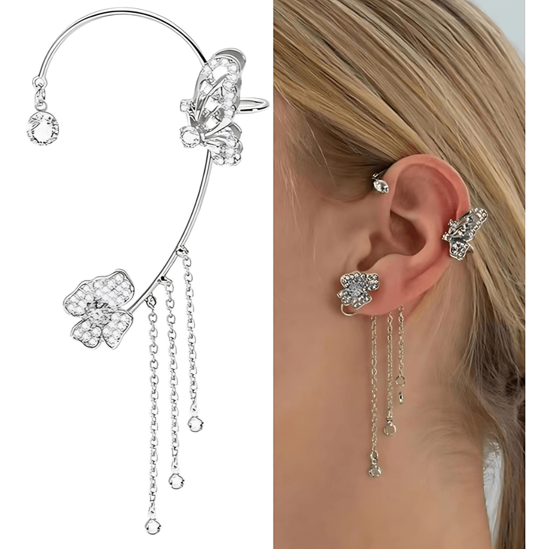 Non-Pierced Butterfly Tassel Elf Ear Clip Rose Wrap Climber Earrings